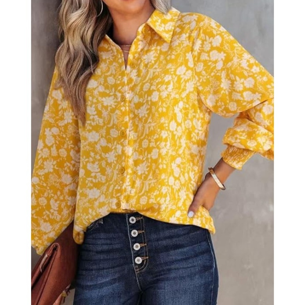 NWT Dokotoo XL Yellow White Long Sleeve Blouse Balloon Sleeve Smocked‎ Cuffs